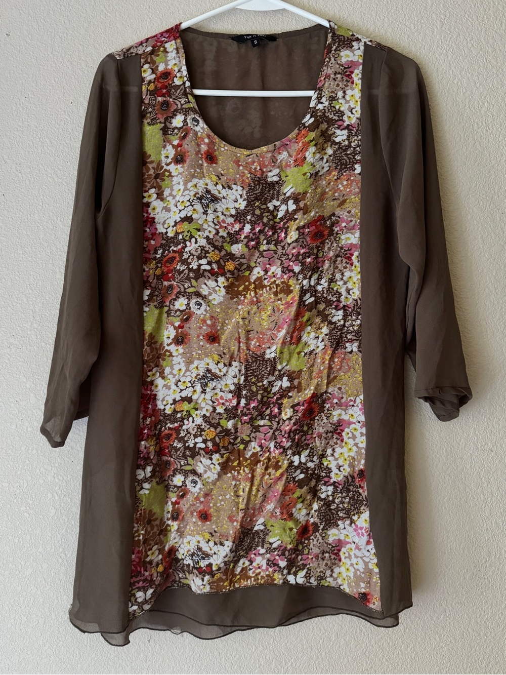 Brown Floral Front-Panel Chiffon Tunic Top